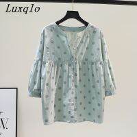 Luxqlo เสื้อลายจุดผ้าฝ้ายสำหรับผู้หญิง,เสื้อลำลองแขน3/4 MODE Korea ฤดูร้อน