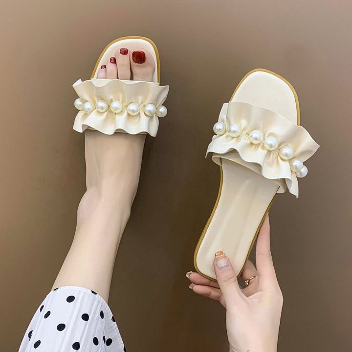 pearl-one-word-slippers-womens-new-2022-summer-fashion-wear-korean-version-lotus-leaf-sweet-beach-sandals