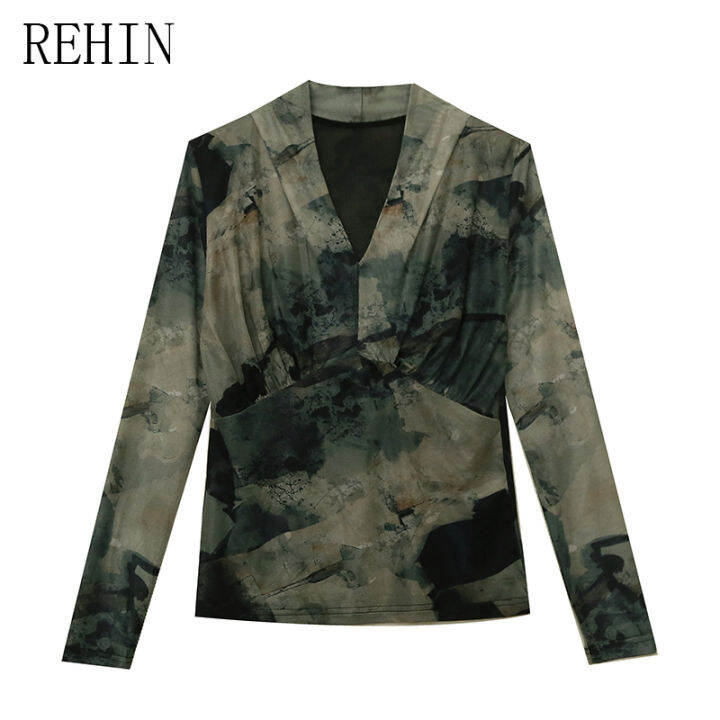 rehin-2023เสื้อผู้หญิงคอวีพิมพ์ลายปะผ้าตาข่ายแฟชั่นอัดพลีทเสื้อดีไซน์อินเทรนด์ฐานเข้ารูปพอดีสำหรับฤดูใบไม้ร่วงเสื้อยืดแขนยาว