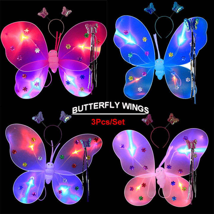 Girls 3Pcs Fairy Costume Set LED Light Up Butterfly Angel Wings with ...