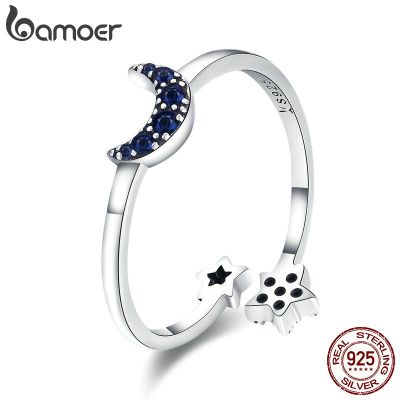 [MM75] BAMOER Real 925เงินสเตอร์ลิงประกาย Blue Moon Star Clear CZ แหวนนิ้วมือสำหรับงานแต่งงานของผู้หญิงเครื่องประดับ Anel SCR437