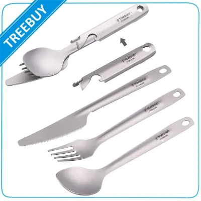 TOMSHOO 4-In-1ไทเทเนียม Flatware ชุดช้อนส้อมอาหารค่ำที่มีน้ำหนักเบาช้อนส้อมตัดกับมัลติฟังก์ชั่การจัดเก็บข้อมูลผู้ถือที่เปิดขวดสำหรับตั้งแคมป์เดินป่าแบกเป้ปิกนิก