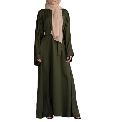 ผู้หญิงตุรกีอาหรับมุสลิม Eid Abaya ดูไบ Maxi ชุด Flare แขนยาวสีทึบอิสลาม Kaftan Hijab Tie เอว Robe