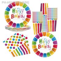 Happy Birthday Disposable Tableware Rainbow Color Napkin Plate Cup One 1st Happy Birthday Party Decor Kids Boy Girl