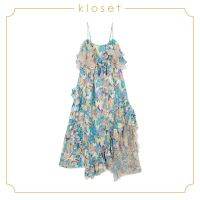 Kloset Spaghetti Strap Long Dress With Ruffles Detail  (SS18-D012)เสื้อผ้าผู้หญิง เสื้อผ้าแฟชั่น เดรสแฟชั่น เดรสยาว