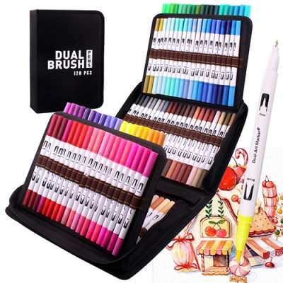 Manga Fine and Brush Dual Tips Colouring Pens, 120 Watercolor Pens, Brush Fineliner Felt Tip Pens Art Markers for Calligraphy