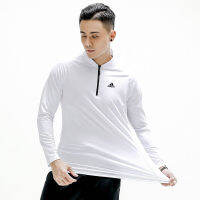 Adidase∮ Men S High End Ice Silk Long Sleeve T-Shirt Super Elastic Dri Fit Zipper Collar Sports Outdoor Tee Shirt