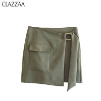 CLAZZAA แฟชั่นสำหรับผู้หญิง ROK Mini ทรงเอไลน์พร้อมเข็มขัดสีล้วนเอวสูงลำลองขาสั้นผู้หญิง