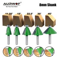 LAVIE 5pcs Set 8mm Shank Chamfer Router Bit 11.25 15 22.5 30 45 องศาเครื่องตัดมิลลิ่งสําหรับเครื่องมือเครื่องไม้ MC02111