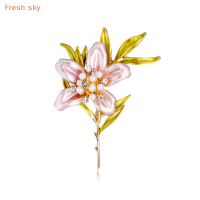 Fresh sky เข็มกลัดไข่มุกเซอร์คอนเคลือบเงาแบบคลาสสิกสำหรับผู้หญิงเข็มกลัดอารมณ์สุดสร้างสรรค์เข็มกลัดประดับช่อดอกไม้สด