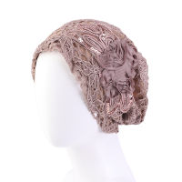 Ladies Sequined Big Flower Hood Lace Turban Hat Hollow Out Knitting Twist Headwrap Cotton Thread Flowers Hollow Thin