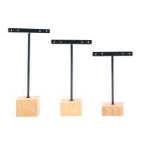 3Pcs Metal T Bar Earring Display Stand with Wooden Square Base 4 Holes Jewelry Holders Hanging Earring Organizer