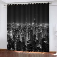 3D Modern Cheap Black Night View of Modern City Window Curtain Shading Polyester Bedroom Living Room Hook Grommet Decorative