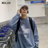 MOLAN เสื้อกันหนาวผชเสื้อยืดแขนยาวผู้ชาย,เสื้อแขนยาวที่เรียบง่ายคอกลมพิมพ์ลายไซส์พิเศษลำลองหลวม