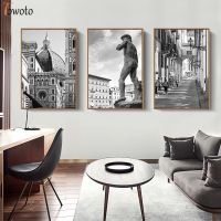 Florence Tuscany City View Canvas Painting Michelangelo David Statue Sculpture Posters and Prints Black and White Wall Art Decor