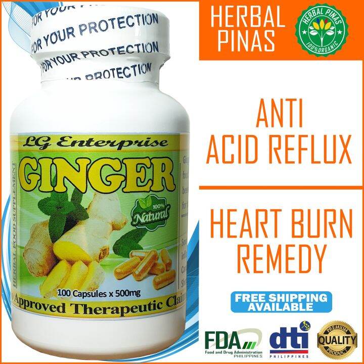 Ginger Anti Acid Reflux and Heartburn 100 Capsules 500mg Herbal Pinas