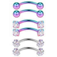 WKOUD 1-6PCS 16G 3/8 (10MM) Stainless Steel CZ/Gems/Ball Curved Barbell Eyebrow Tragus Lip Belly Ring Piercing Jewelry Colorful