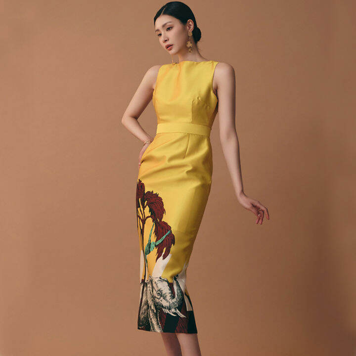 O neck outlet sleeveless yellow dress