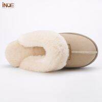 INOE Women Real Sheepskin Suede Leather Natural Wool Sheep Fur Lined Winter Slippers Cazy Loafer Home Shoes Baboon in House