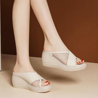 2023 Summer New Genuine Leather Wedge Slippers Womens Outer Wear Thick Bottom Mesh High Heel Platform Slippers