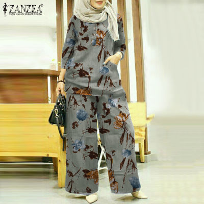 HijabFab ZANZEA Muslimah Womens Muslim Floral Retro New Design Outfit 3/4 Sleeve Tops Wide Leg Pants Arab Set