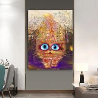 2023■▨ Wangart Abstract Cute Yellow Cat Canvas Art Colorful Oil Painting For Living Room Bedroom Home Decor Poster Print