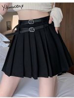 ♠℡✾ Yitimuceng Casual Pleated Skirt 2 Belt New Fashion Summer Preppy Style High Waist Black Skirt for Women 2023 Chic Y2k Mini Skirt