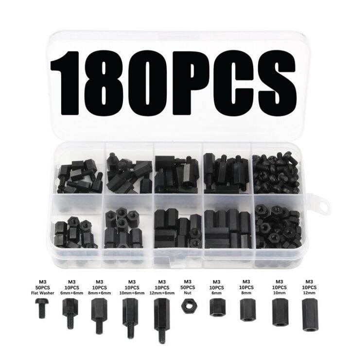 180pcs-screwsm3-set-mixed-female-male-hex-nylon-standoff-spacer-column-for-pcb-motherboard-fixed-plastic-spacing-hardware-parts-nails-screws-fastener