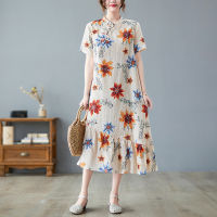 2022 New Arrival Stand Collar Fashion Chinese Style Dress Print Floral Thin Soft Holiday Travel Casual Women Midi Ruffle Dress