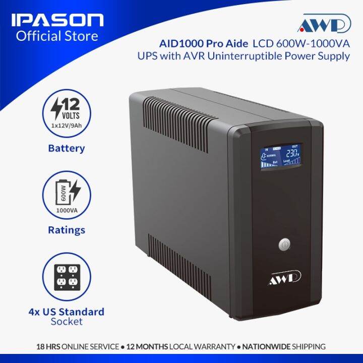 AWP AID1000 Pro Aide Pro LCD 600W-1000VA UPS With AVR Uninterruptible ...