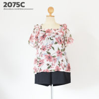 2075C เสื้อคอเหลี่ยมระบายอกผ้าชีฟองลายดอกชบา ยาว27