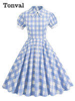 KKTonval er Pan Collar พัฟแขนลายสก๊อต Rockabilly กระเป๋า Swing Dress Vintage Robe ผู้หญิง1950S Elegant Midi Dressesq11