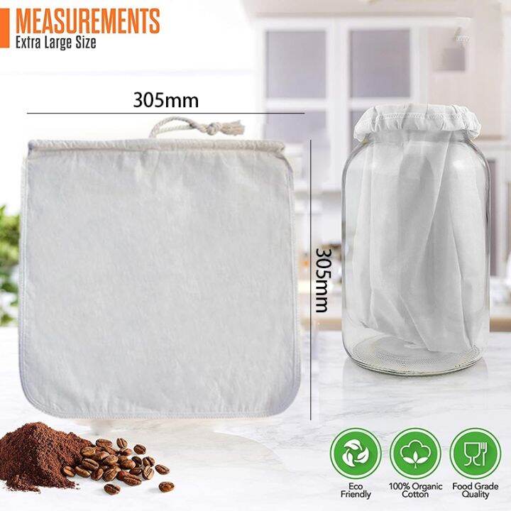 2 Pack Organic Reusable Cold Coffee Brew Filters Bag,12 Inch Wine Brewing Filters EcoFriendly