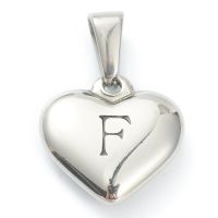 1pc 304 Stainless Steel Pendants Heart with Black Letter Stainless Steel Color Letter.F 16x16x4.5mm Hole: 7x3mm