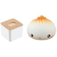 1 Pcs Square Tissue Box Tissue Box with Wooden Lid &amp; 1 Pcs Fried Bao Piggy Bank