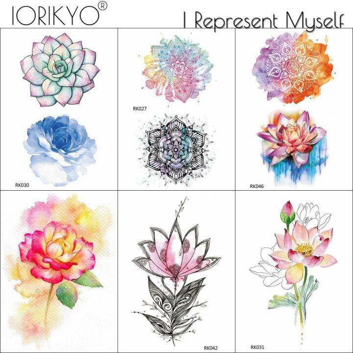 iorikyo-สติกเกอร์รอยสักชั่วคราวลายดอกเฮนน่าสีน้ำสุดเซ็กซี่สำหรับผู้หญิงลายดอกบัวกันน้ำสำหรับเด็กผู้หญิงหน้าอกเล็กรอยสักปลอม