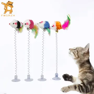 1pc Random Color Cat Toy Suction Cup Spring Mouse Teaser With Feather Bell  Design Suction Cup Cat Toy