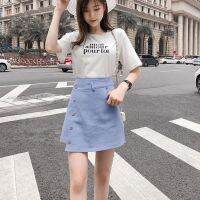 [HERE] Denim Skirt Women High Waist Short Hong Kong Style A-Line All-Match Buttoned Summer Slimmer Look Anti-Glare Hip