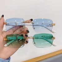 【lz】◘❁  Óculos de sol sem moldura para homens e mulheres óculos de sol gradiente de madeira vintage designer de luxo