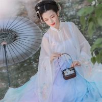 Summer Chinese Traditional Folk Dance Wear Chiffon Women Girl Fancy Embroidery Strap Rainbow Fairy Cardigan Long Skirt Dress Set