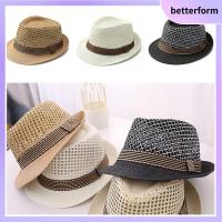 BETTERFORM ทริลบี้ หมวกฟางทรงฟีดอร่า ปีกสั้นสั้น หลอดดูดน้ำ หมวกลายดอกไม้ กิจกรรมกลางแจ้งกลางแจ้ง ระบายอากาศได้ระบายอากาศ หมวกกันแดดหมวก ฤดูร้อนฤดูร้อนฤดูร้อน