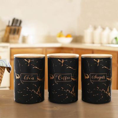 1Pcs Airtight เซรามิคกระป๋อง Crackle สำหรับกาแฟน้ำตาลชาเกลือข้าวเครื่องเทศเก็บไม้ไผ่ฝาปิด Black