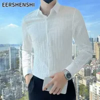 EERSHENSHI เสื้อเชิ้ตผู้ชายสลิมฟิต,เสื้อเชิ้ตแขนยาวเบาและระบายอากาศได้เสื้อเชิ้ตลำลองลายทาง