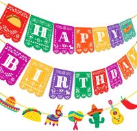 Cheereveal Fiesta Happy Birthday Banner Mexican Papel Picado Garland for Cinco De Mayo Taco Birthday Party Decorations Supplies Banners Streamers Conf