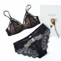 Sexy Eyelash Lace Triangle Set Mesh Patchwork Lightly Lined Wireless Small Breasts Panty Set Underwear Women Lingerie2023