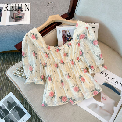REHIN เสื้อเบลาส์ผู้หญิงลายดอกไม้,เสื้อเบลาส์ทรงสี่เหลี่ยมอัดพลีทสไตล์ฝรั่งเศสใหม่ฤดูร้อน