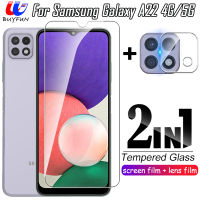 สำหรับ Samsung Galaxy A22 4G/5G 2 In 1ด้านหน้ากระจกนิรภัยหน้าจอ Protector ฟิล์ม + เลนส์กล้องความคมชัดสูงสำหรับ Samsung Galaxy M32ความปลอดภัยกระจกนิรภัยป้องกันฟิล์มใสหลังฟิล์มเลนส์