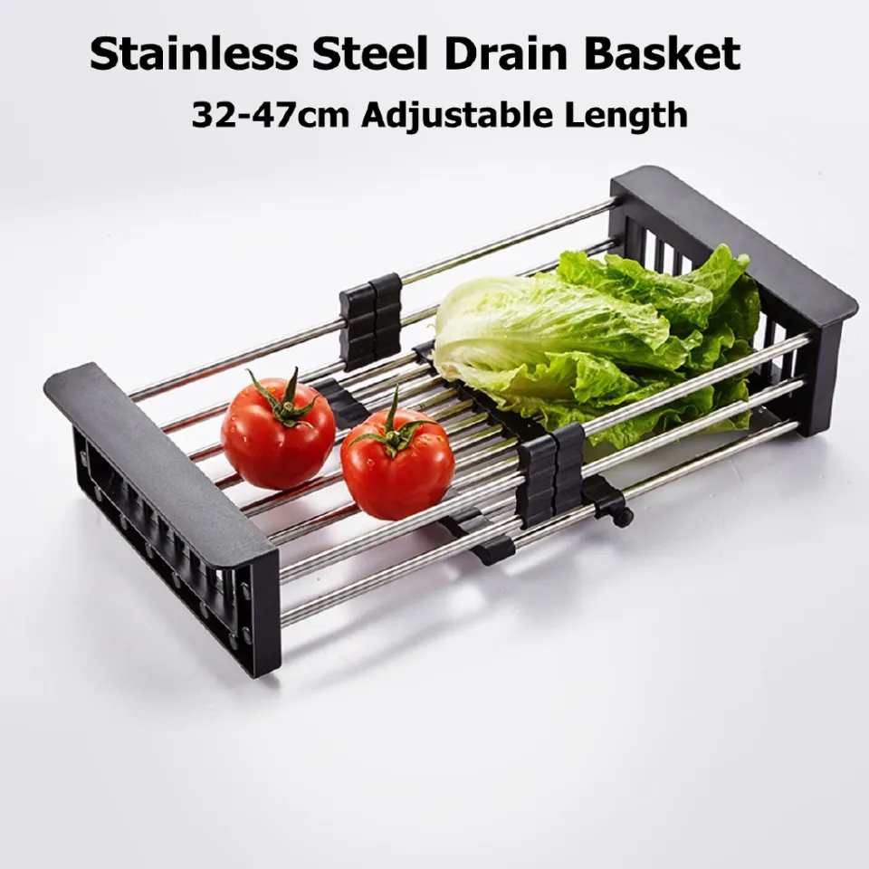 1PC Stainless Steel Adjustable Telescopic Kitchen Over Sink Dish Drying Rack  Insert Storage Organizer Fruit Vegetable Tray Drainer