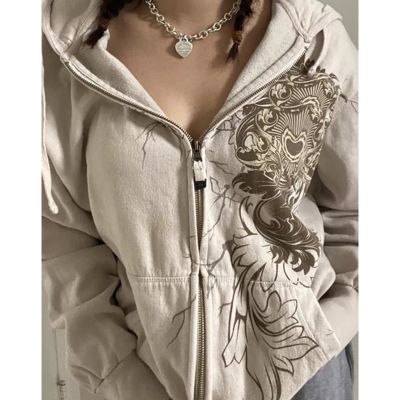 เสื้อสเวตเชิ้ตแนวสตรีทแวร์มีฮู้ดสำหรับผู้หญิงเสื้อกล้ามนางฟ้ากรันจ์ปี2000S สวยงามเสื้อแขนยาวลายกราฟิกพร้อมกระเป๋าเสื้อคลุมวินเทจ Y2k