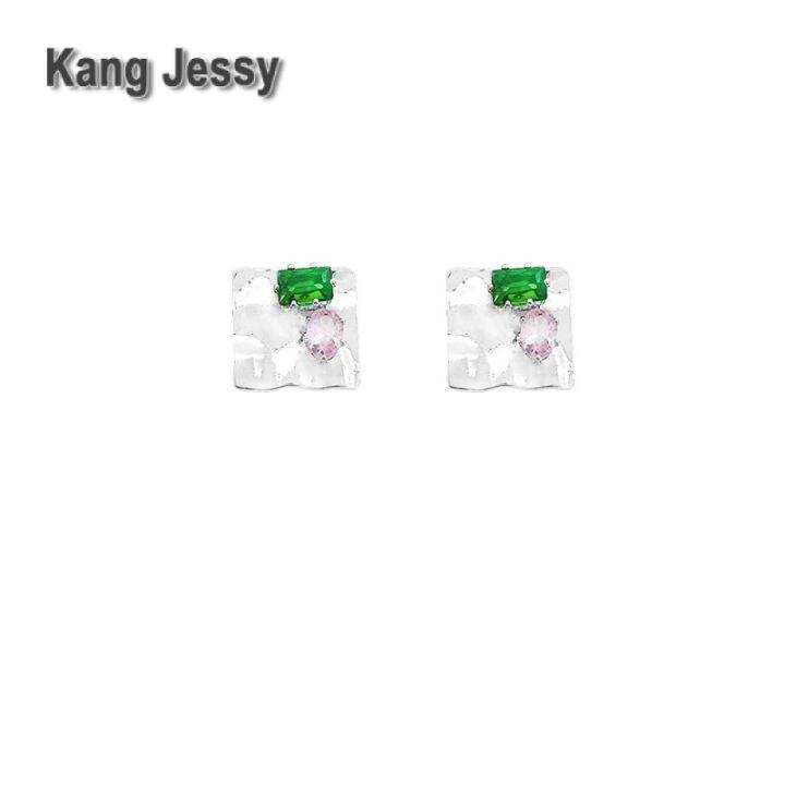 kang-jessy-ต่างหูเพทายทรงเหลี่ยมจีบเงินสไตล์ญี่ปุ่นและเกาหลีต่างหูดีไซน์เรียบง่ายและทันสมัยต่างหูแบบใหม่ดูดีสำหรับผู้หญิง